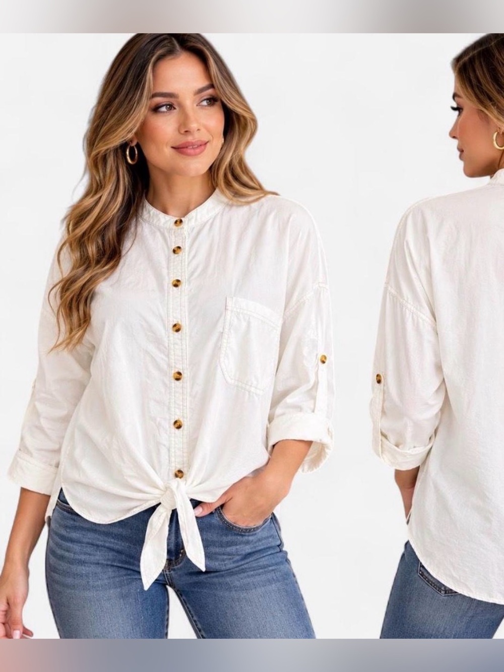 ✨ Harper Heritage White Tie-Front Button-Up Blouse - Size S - 100% Lyocell ✨